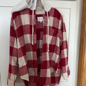 American Eagle Outfitters Red and Cream Checkered flannel Hoodie sweatshirt hood